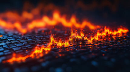 A close up of a fire with a city in the background