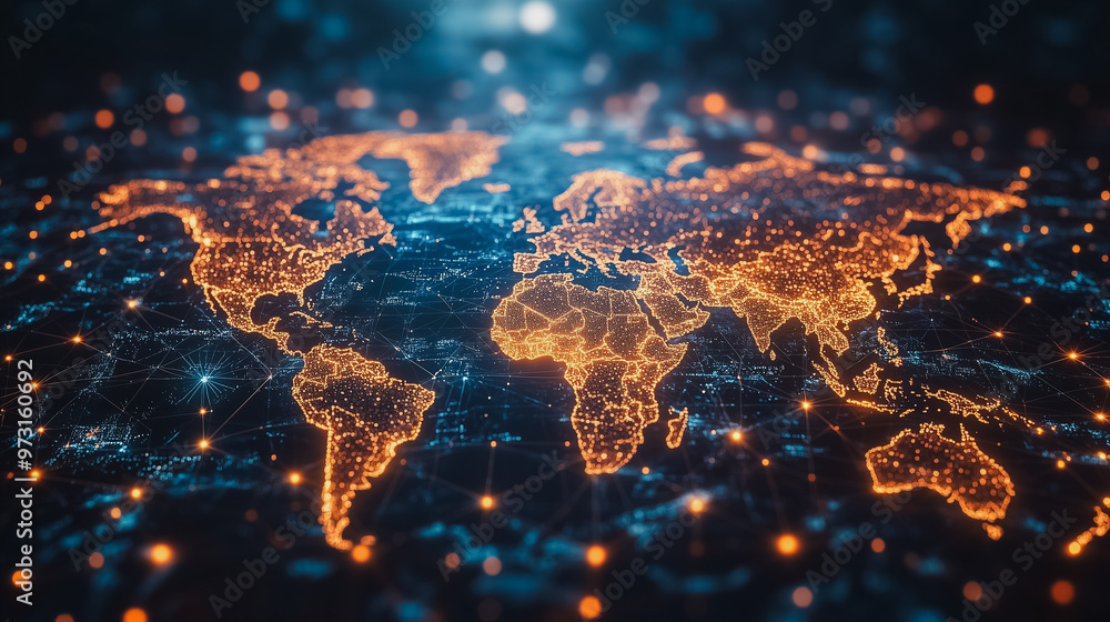 Poster a globe with a network of lights surrounding it. the globe is orange and blue. the lights are scatte
