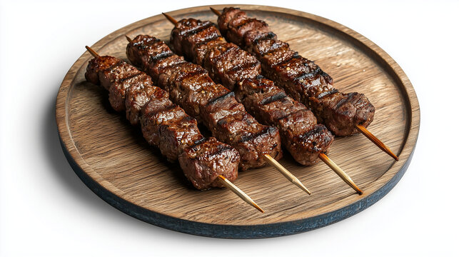 Close-up of three perfectly grilled beef skewers presented on a rustic wooden plate. ideal for showcasing premium barbecue dishes, ideal for menus, food blogs, or marketing materials.