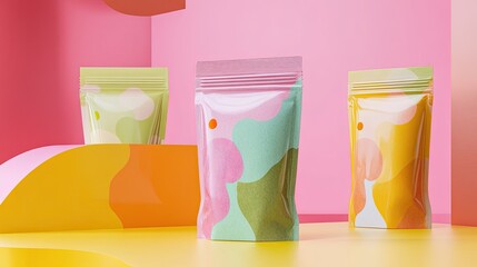 A vibrant, unbranded food packaging mockup in bright colors, beautifully arranged for a clean and modern product showcase, with no text or logos.