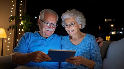 Senior couple at home holding digital tablet during video call with family