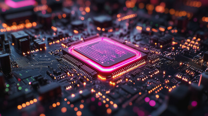 A computer chip with a pink glow. The chip is surrounded by a black background