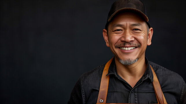 Portrait of a smiling man, male BBQ expert with an apron, arms confidently crossed. He is wearing a casual black cap, exuding warmth and professionalism. Perfect for use in marketing campaigns 