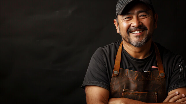 Portrait of a smiling man, male BBQ expert with an apron, arms confidently crossed. He is wearing a casual black cap, exuding warmth and professionalism. Perfect for use in marketing campaigns 