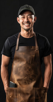 Portrait of a smiling man, male BBQ expert with an apron, arms confidently crossed. He is wearing a casual black cap, exuding warmth and professionalism. Perfect for use in marketing campaigns 