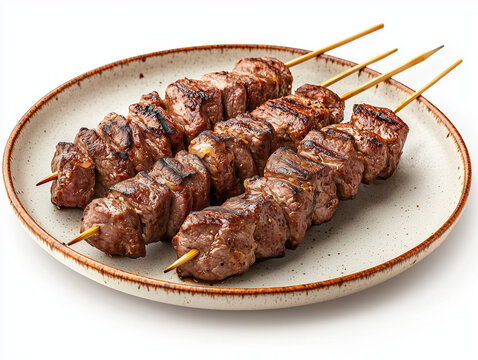 Close-up of three perfectly grilled beef skewers presented on a rustic ceramic plate. ideal for showcasing premium barbecue dishes, ideal for menus, food blogs, or marketing materials.