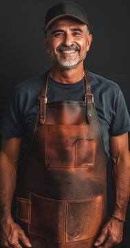 Portrait of a smiling man, male BBQ expert with an apron, arms confidently crossed. He is wearing a casual black cap, exuding warmth and professionalism. Perfect for use in marketing campaigns 