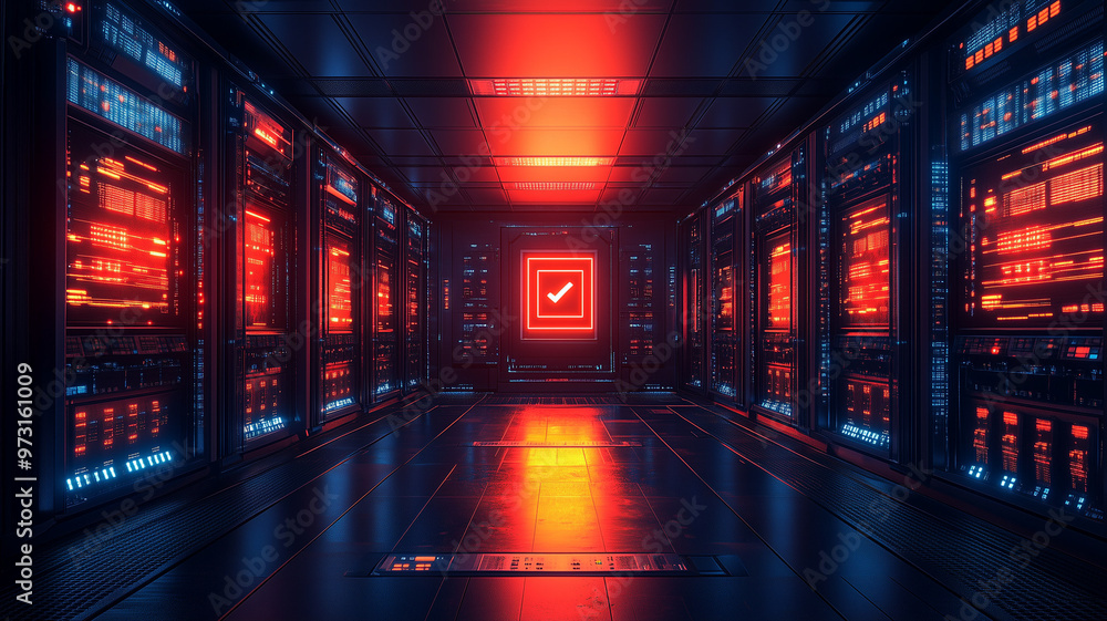 Poster a large room with many computer monitors and a red check mark on a screen