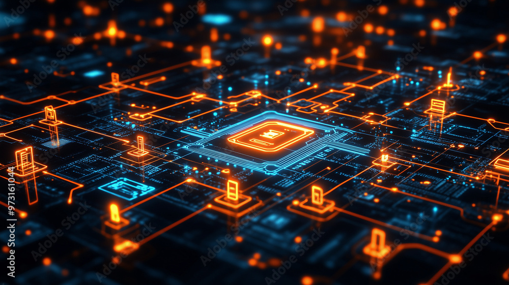 Poster a computer chip is shown in a bright orange and blue color. the chip is surrounded by a network of w