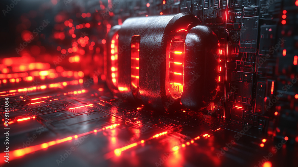 Poster a computer generated image of a red object with glowing lights. the image has a futuristic and indus