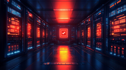 A large room with many computer monitors and a red check mark on a screen