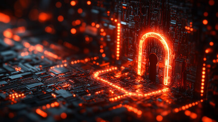 A computer generated image of a door with a person standing in front of it. Scene is mysterious and intriguing