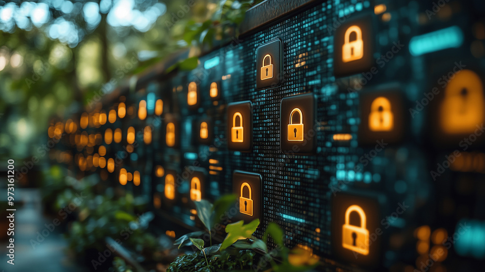 Poster a wall of computer icons with locks on them. the wall is lit up and the icons are in various sizes