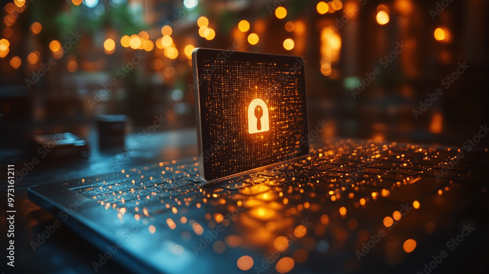 Aufkleber a laptop screen shows a keyhole with a lock on it. concept of security and protection, as the keyhol