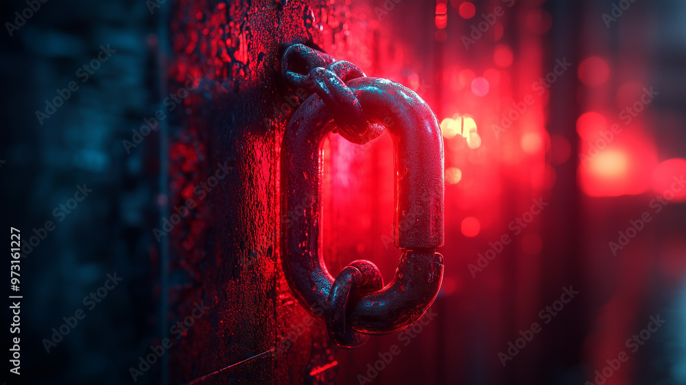 Poster a rusty chain link is hanging from a door. the chain is red and wet. the image has a moody, mysterio