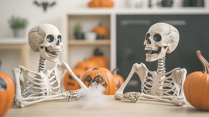 Playful skeletons share a spooky moment surrounded by Halloween pumpkins and decorations. Perfect for festive content.