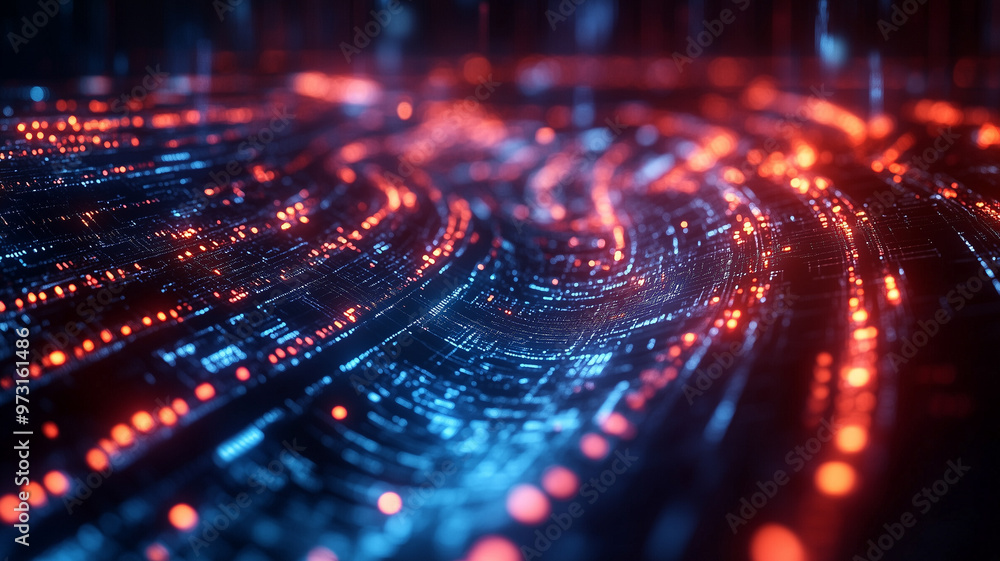 Poster a computer generated image of a spiral with red and blue lights. the image has a futuristic and tech