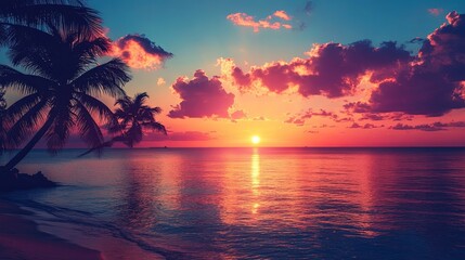 Sunset Over Tropical Ocean with Palm Trees Silhouetted