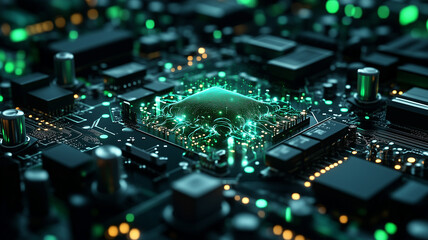 A computer chip is lit up with a green glow. The chip is surrounded by other electronic components