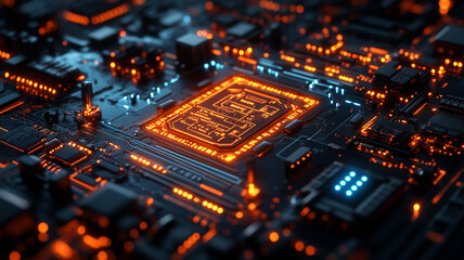 A computer chip is lit up in orange and blue