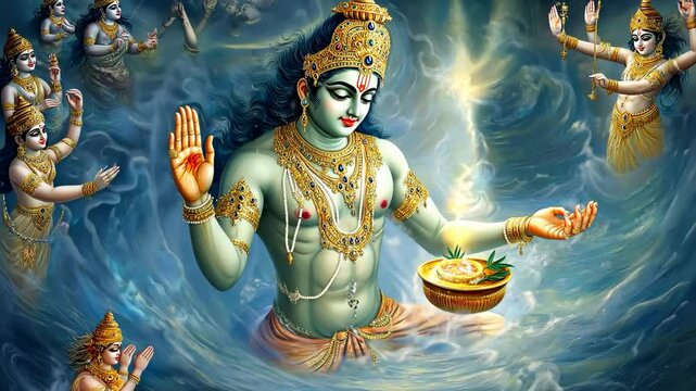Hindu Deity Vishnu with Divine Aura and Offering Spiritual Blessing