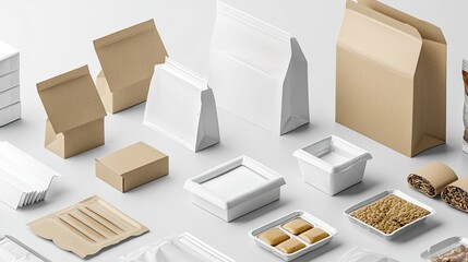Multiple food packaging items, including boxes and bags, carefully arranged on a clean, light surface, with no branding, ready for use as a design mockup.