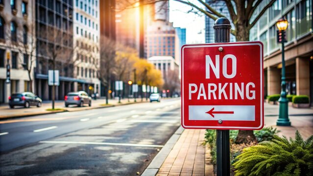 A bold, red "No Parking" sign stands upright on a gray concrete sidewalk, surrounded by urban cityscape with blurred background buildings and trees.