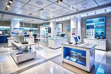 A brightly lit, modern laboratory setting featuring a sleek product display stand showcasing various medical devices and instruments with detailed sales information sheets.