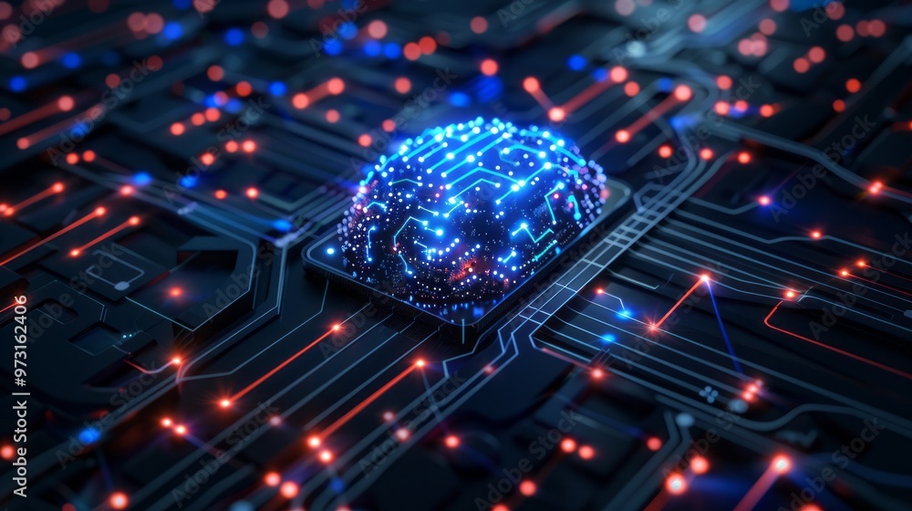 Poster A computer chip with a blue brain on it