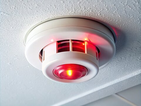 A close-up shot of a fire detector mounted on a white ceiling, its bright red LED light blinking rapidly, indicating a potential emergency situation.