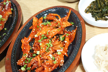 korea food. grilled deodeok root, mountain herb whose roots have restorative properties