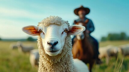 Obraz premium Close-up of a sheep in a field, with a cowboy on horseback in the background.