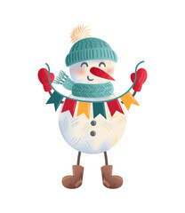 A Cheerful Snowman adorned with a Scarf and Hat, Holding Festive Decorations, Smiling happily. Cute childrens Christmas character. illustration in watercolor style. For sticker, postcard, design