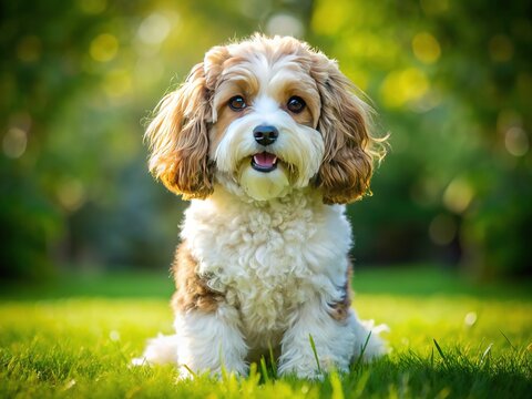 Adorable fluffy cavachon dog with curly white and black fur, big brown eyes, and sweet expression sitting on a green grassy lawn on a sunny day.