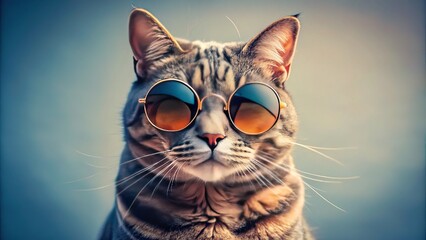 A fashionable feline adorns stylish shades, gazing curiously into the lens with bright, inquiring eyes, exuding whimsical charm.