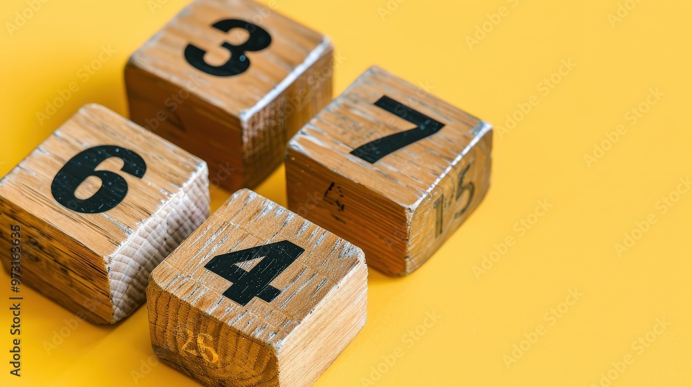 Aufkleber four wooden blocks with black numbers laid out on a yellow surface. the focus is on simplicity and t