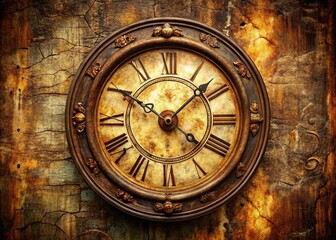 Fototapeta premium Aged patina cloaks an antique clock face, Roman numerals worn smooth against a weathered background of gentle wisdom and timeless tales.