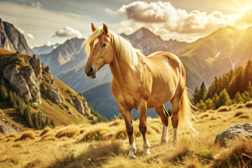 Obraz premium A Golden Horse Stands on a Mountain Ridge Against a Sunset Backdrop