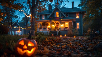 A lit jack-o-lantern in the foreground with a blurry image of a house with windows lit up in the background. The house is surrounded by trees and fall leaves.