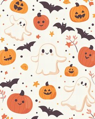 Cute Halloween card, pastel color palette, adorable ghosts, smiling pumpkins, and tiny bats.