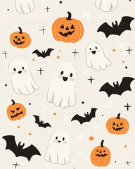 Cute Halloween card, pastel color palette, adorable ghosts, smiling pumpkins, and tiny bats.