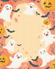 Cute Halloween card, pastel color palette, adorable ghosts, smiling pumpkins, and tiny bats.