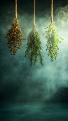 Aesthetic arrangement of various dried herbs hanging, showcasing their unique textures and colors, set against a misty backdrop.