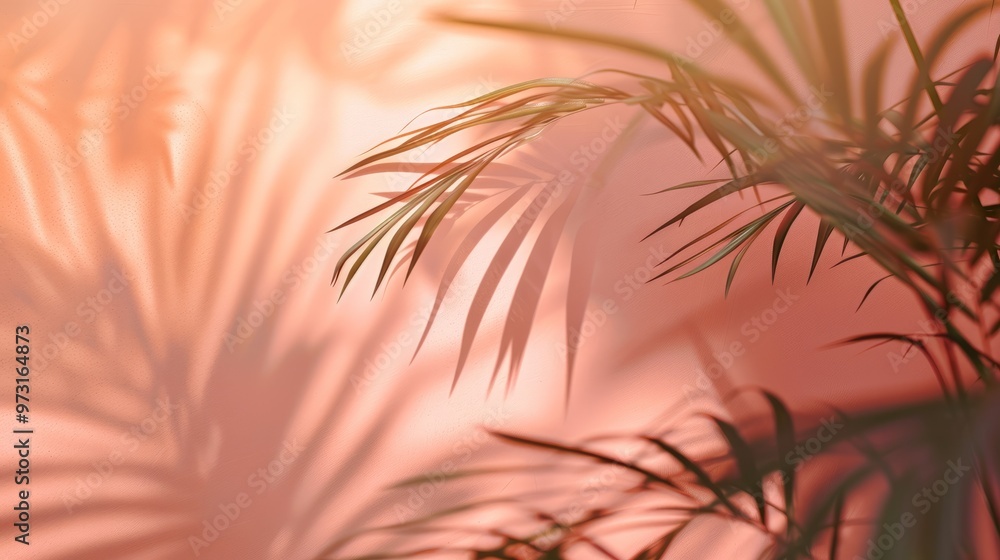 Poster a palm tree with its leaves casting a shadow on a pink background