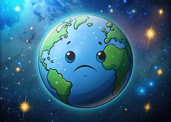A melancholic, animated planet Earth with a crude drawing-style surface, surrounded by faint stars and a subtle, gradient blue atmosphere, conveying a sense of sadness.