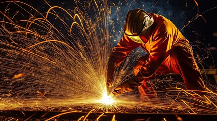 Dynamic Metalworker Creating Sparks in Workshop