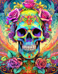 psychedelic human skull and roses