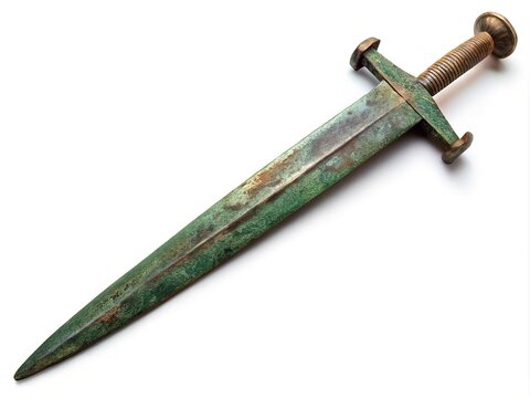 Ancient Greek craftsmanship shines in this high-resolution image of a Xiphos single-edged sword, highlighted against a clean white background, revealing intricate details.