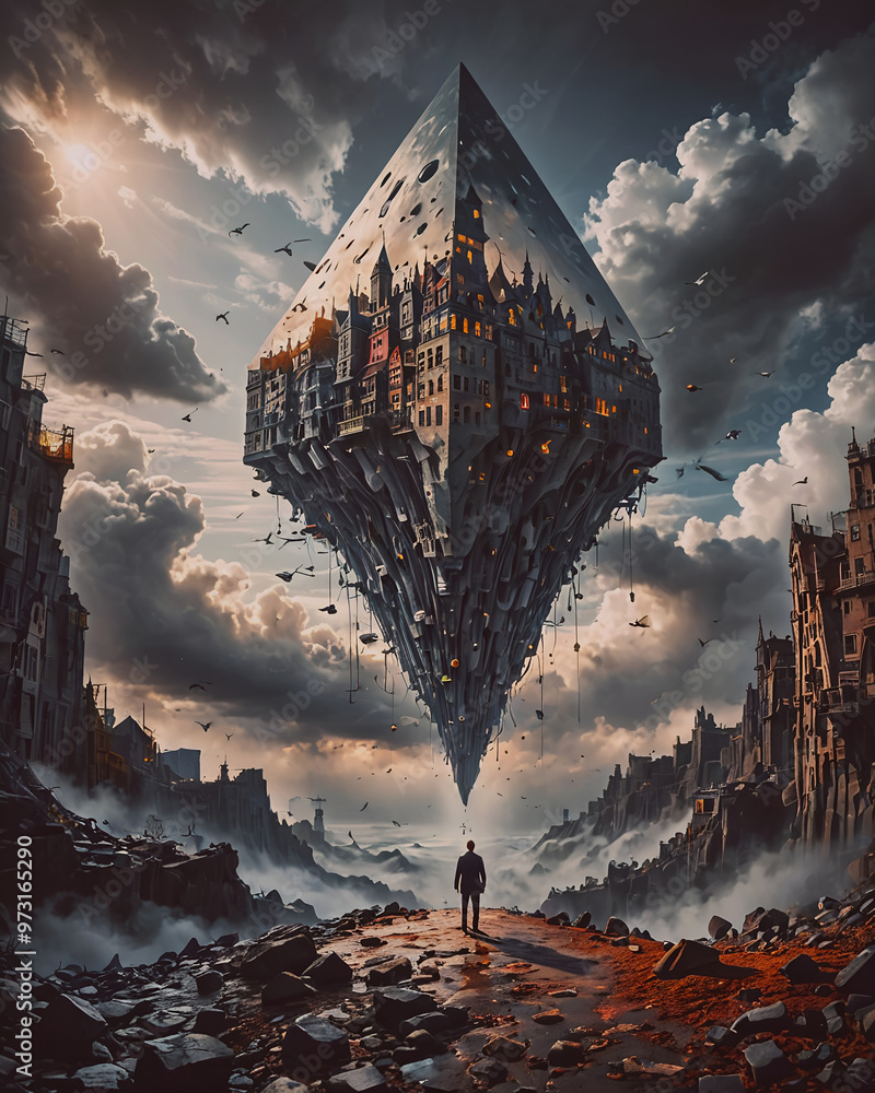 Poster surreal 3d rendering of a futuristic city with a man standing in front of it.