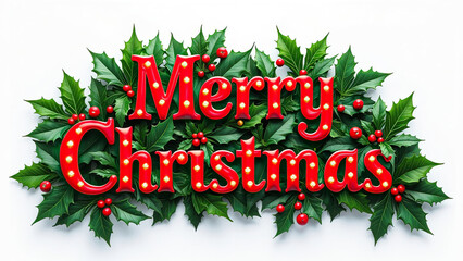 3d merry christmas text holly leaves red berries bold text festive holiday decoration isolated on white background